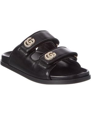 Gucci Crystal Double G Leather Sandal - Black