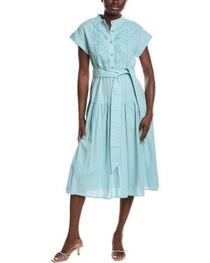 Gracia Embroidered Lace Bib Linen-Blend Midi Dress - Blue
