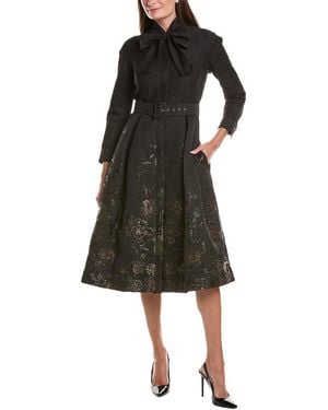 Teri Jon Textured Metallic Jacquard Floral Bow Neck Midi Dress - Black