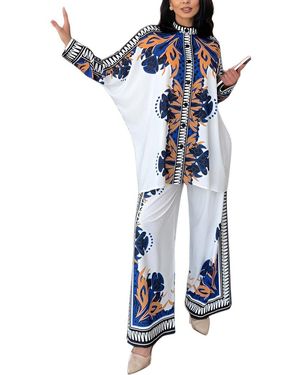 WELLWAY 2Pc Blouse & Pant Set - Blue