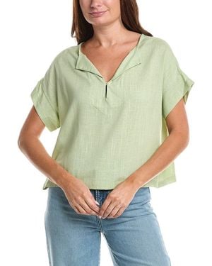 Max Studio Short Sleeve Split Neck Linen-Blend Top - Green