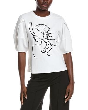 Gracia Abstract Face Embroidered Puff Sleeve Top - White