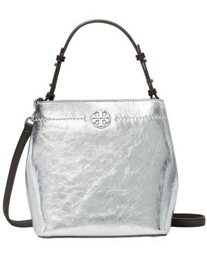 Tory Burch Felix Metallic Leather Bucket Bag - Grey
