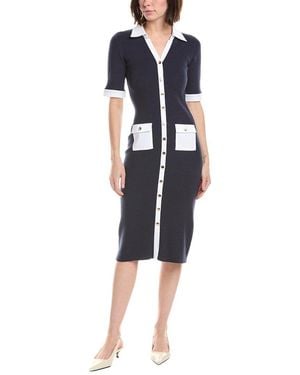 Tahari Elbow Sleeve Split Neck Rib Dress - Blue