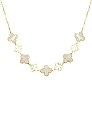Italian Gold 14K Mother Of Pearl Station Layered Clover Necklace - Metallic