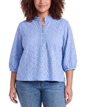 NIC+ZOE Nic+Zoe Plus Knit Eyelet Ruffle Neck Top - Blue