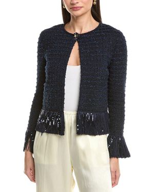 Oscar de la Renta Tweed Fringe Wool-Blend Jacket - Blue