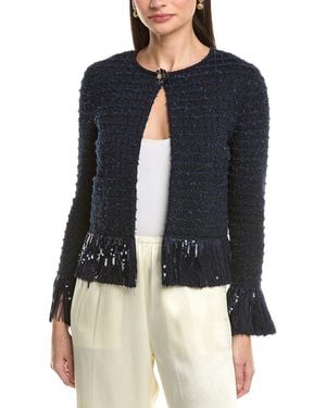 Oscar de la Renta Tweed Fringe Wool-Blend Jacket - Blue