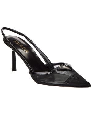 Prada Logo Leather & Mesh Pointy-Toe Slingback Pump - Black