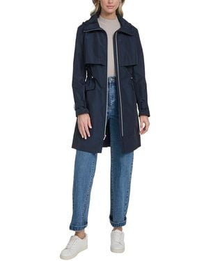 Cole Haan Stow Away Hood Zip Up Trench Coat - Blue