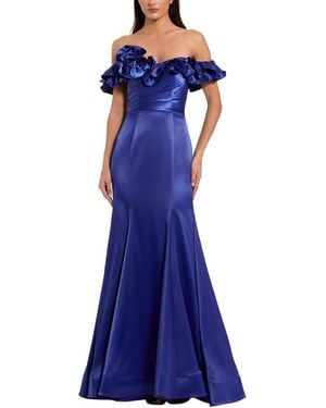 Mac Duggal Satin Ruffle Detail Off The Shoulder Mermaid Gown - Blue
