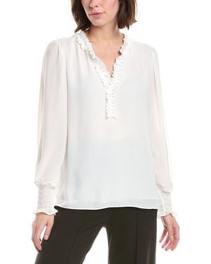 Tahari Split Neck Ruffle Trim Blouse - White