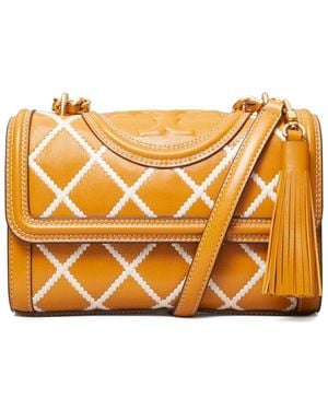 Tory Burch Fleming Pop Quilt Small Convertible Leather & Suede Shoulder Bag - Orange