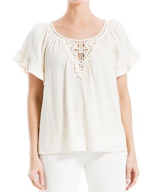 Max Studio Flutter Sleeve Crochet Yoke Knit Top - White