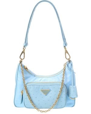Prada Mini Tessuto & Ostrich Hobo Bag - Blue