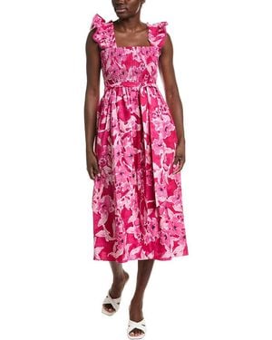 Anne Klein Smocked Ruffle Sleeve Midi Dress - Pink