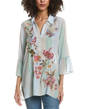 Johnny Was Ruffle Sleeve Henley Silk Tunic - Gray