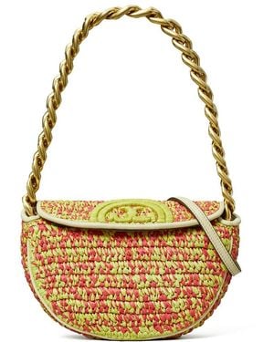 Tory Burch Fleming Soft Crochet Raffia & Leather Mini Crescent Bag - Metallic