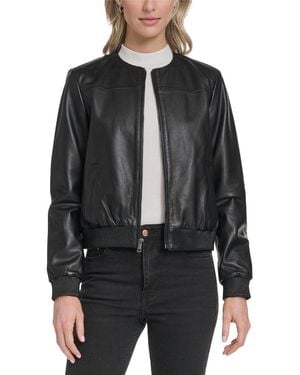 Cole Haan Collarless Leather Bomber Jacket - Black