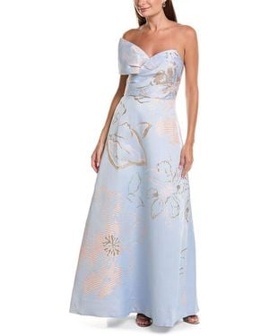 Teri Jon Metallic Jacquard Side Bow A-Line Dress - Blue