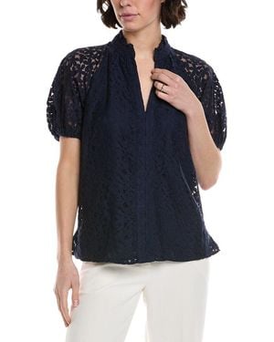 Cece Ruffle Neck Raglan Seam Split Neck Blouse - Blue