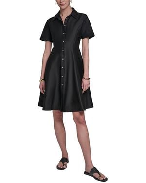 Halston Short Sleeve Button-Up Sateen Shirtdress - Black