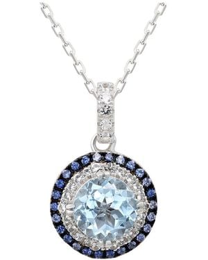 Suzy Levian Silver 0.02 Ct. Tw. Diamond & Gemstone Double Halo Pendant - Blue