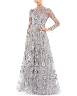 Mac Duggal Floral Embroidered Illusion Long Sleeve Gown - White