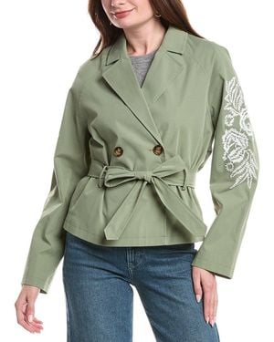 NVLT Cropped Embroidered Double-Breasted Belted Trench Coat - Green