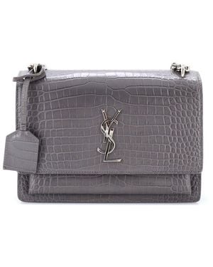 Saint Laurent Croc-Embossed Leather Sunset Crossbody Medium (Authentic Pre-Loved) - Gray