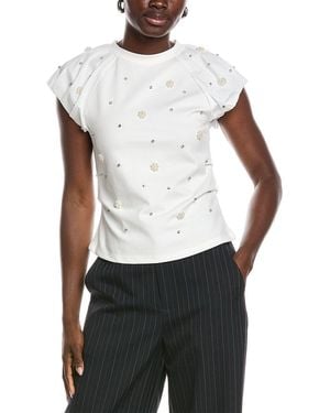 Gracia Puff Sleeve Rhinestone & Pearl Embellished Top - White