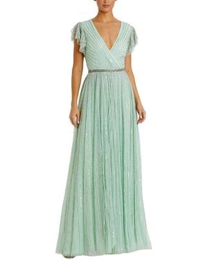 Mac Duggal Sequined Wrap Over Ruffled Cap Sleeve Gown - Green