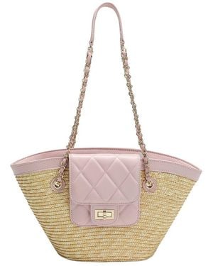 Tiffany & Fred Paris Quilted Straw Tote With Chain - Pink