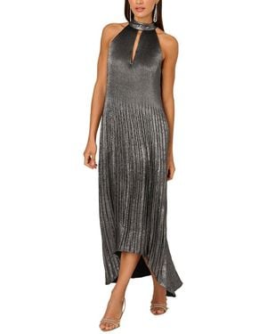 Adrianna Papell Sleeveless Pleated Metallic Ankle Length Halter Dress - Black