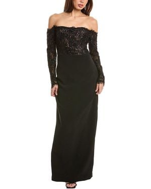 THEIA Beaded Lace Off-Shoulder Gown - Black