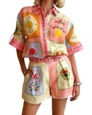 Esea 2Pc Linen-Blend Shirt & Short Set - Red