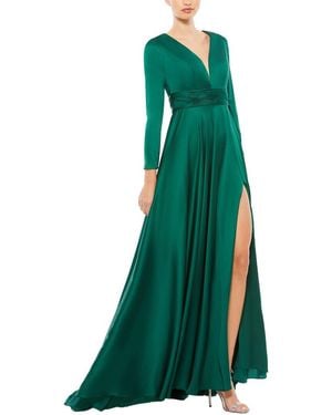 Mac Duggal Long Sleeve Ruched Waist A-Line Gown - Green