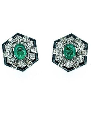Arthur Marder Fine Jewelry 14k & Silver 7.45 Ct. Tw. Diamond, Emerald, & Enamel Earrings - Green