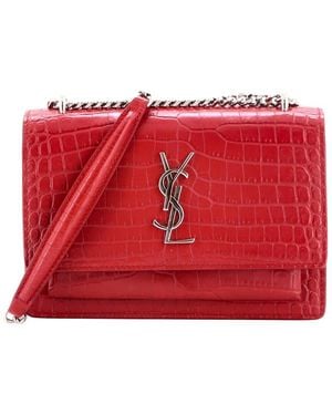 Saint Laurent Croc-Embossed Leather Sunset Chain Wallet (Authentic Pre- Loved) - Red