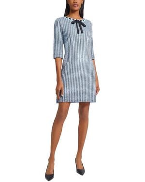Ming Wang Tweed Knit Sheath Dress With Crochet Ribbon Trim - Blue