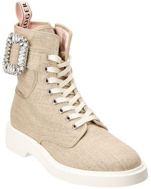 Roger Vivier Viv Canvas Lace-Up Ankle Booties - Natural