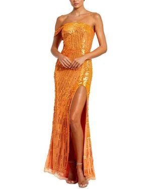 Mac Duggal One Shoulder Mesh Sequin Gown With Slit - Orange