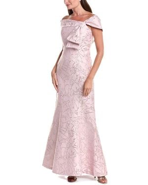 Teri Jon Jacquard Asymmetrical Off-Shoulder Side Bow Godet Gown - Pink