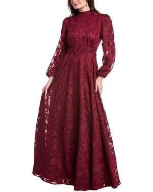 Rene Ruiz High-Neck Bishop Sleeve Cinch Waist Gown - Red