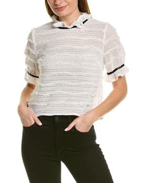 BCBGMAXAZRIA Relaxed Short Sleeve Top Ruffle Mock Neck Colourblock Velvet Trim Shirt - Grey