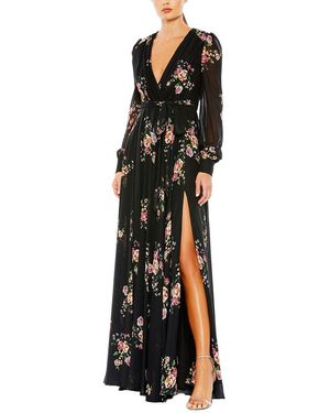 Mac Duggal Belted Floral Print Illusion Long Sleeve Gown - Black