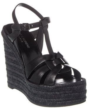 Saint Laurent Tribute Leather Espadrille Wedge Sandals - Black