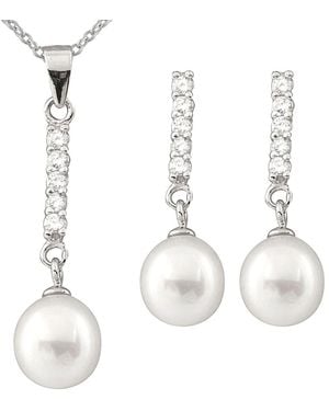 Splendid Rhodium Plated Silver 8-9mm Freshwater Pearl & Cz Drop Earrings & Necklace Set - White