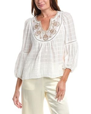 Max Studio Scoop Neck Cross Stitch Blouse - White