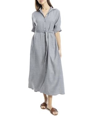 Max Studio Large Roll Sleeve Belted Dress - Grey
